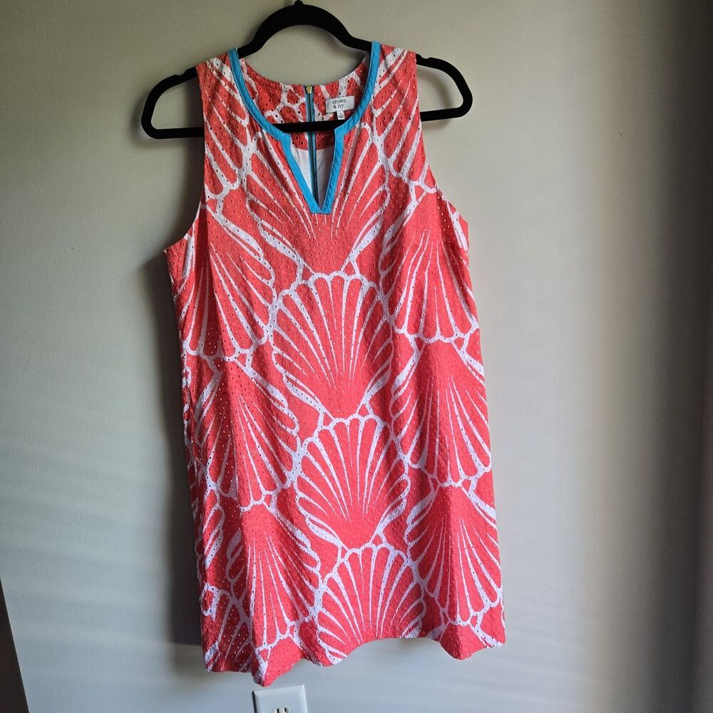 Crown And Ivy Size 14 Coral White Seashell Print Eyelet Dress Natural Fibers